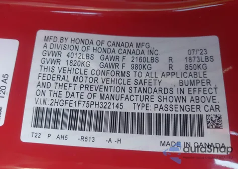 2023 Honda Civic Ex/Ex W/O Bsi from USA, damaged, VIN 2HGFE1F75PH322145